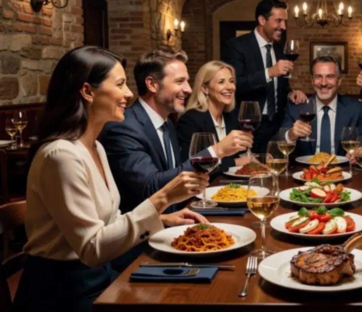 Corporate dining table set with Italian dishes and glassware at Fold & Feast