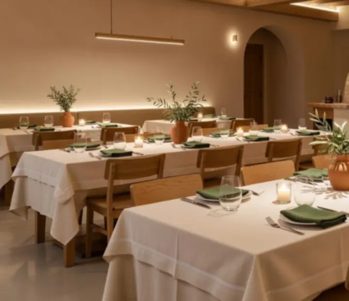 Warm Italian-inspired private dining room prepared for an event at Fold & Feast