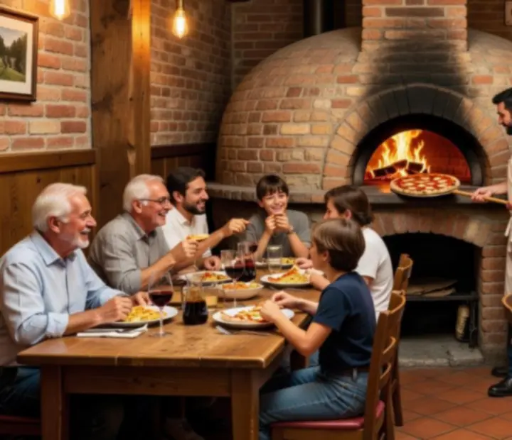 Wood-fired pizza oven glowing in a rustic Italian dining room at Fold & Feast