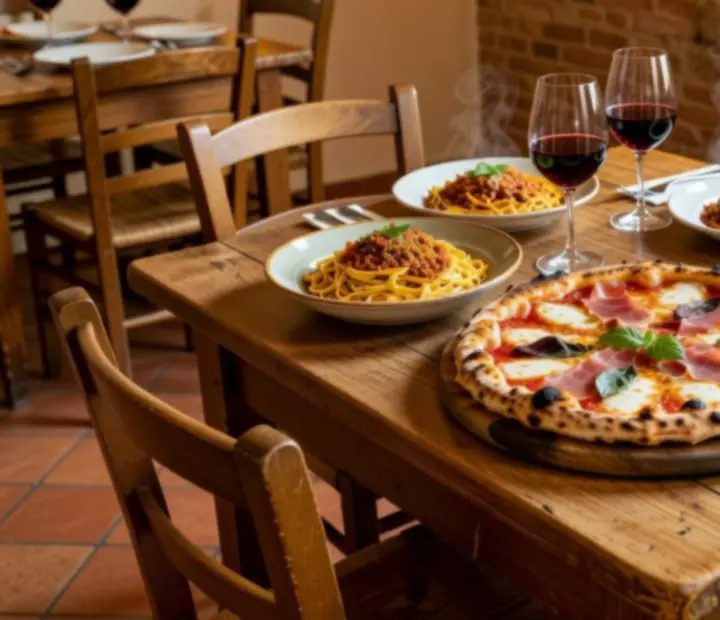 Selection of Italian dishes including wood-fired pizza on a rustic table at Fold & Feast