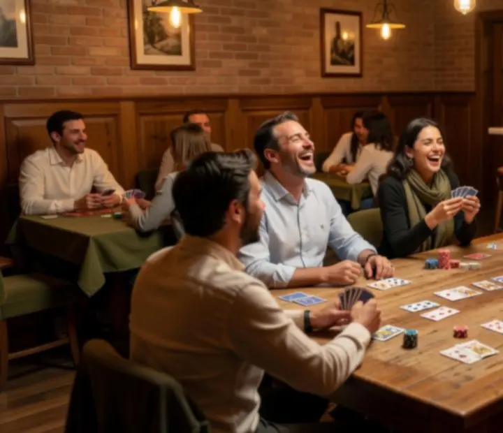 Warm Italian restaurant ambience with guests enjoying social poker