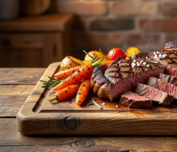 Premium grilled steak sliced on a wooden board