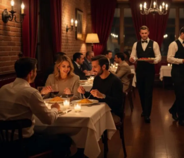 Cozy ambience at Fold & Feast with soft lighting and guests enjoying Italian dining
