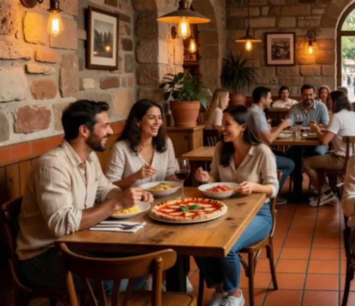 Warm Italian-inspired dining room with rustic tables