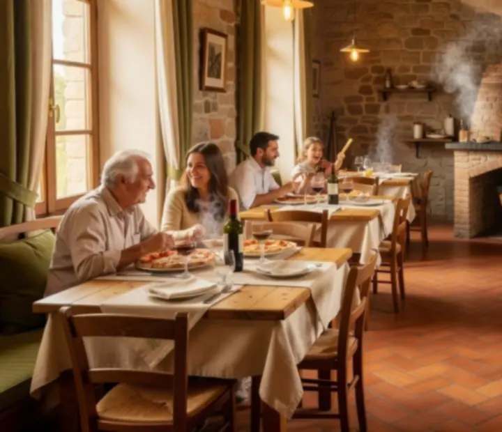 Warm Italian restaurant interior at Fold & Feast with oak wood and terracotta details
