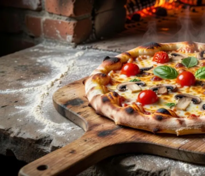 Wood-fired pizza with blistered crust fresh from the oven